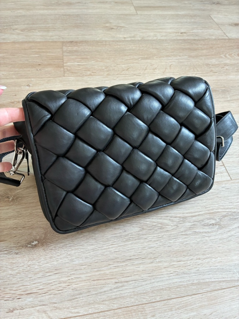 Redesigned Black Leather Quilted Crossbody Bag - Stylish Padded Weave